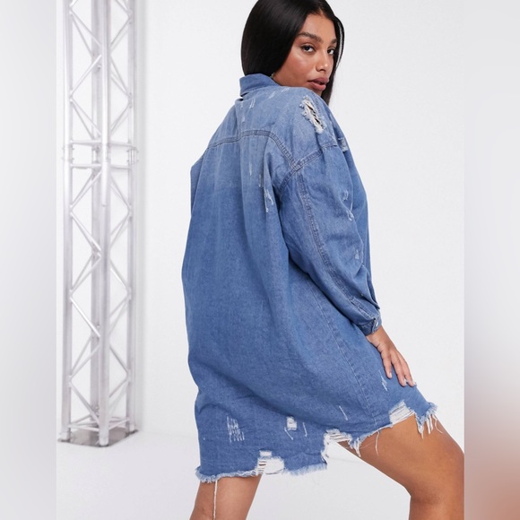Missguided Plus Super Distressed Hem Denim Shirt Jacket Dress Blue Sz Large ASOS - Picture 3 of 13
